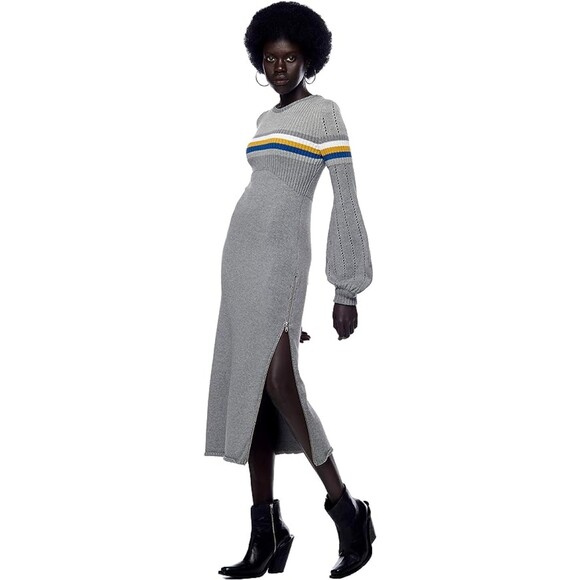 Bodycon Long Sleeve Knitted Sweater Midi Dress with Puff Sleeves Sz M - Picture 2 of 8